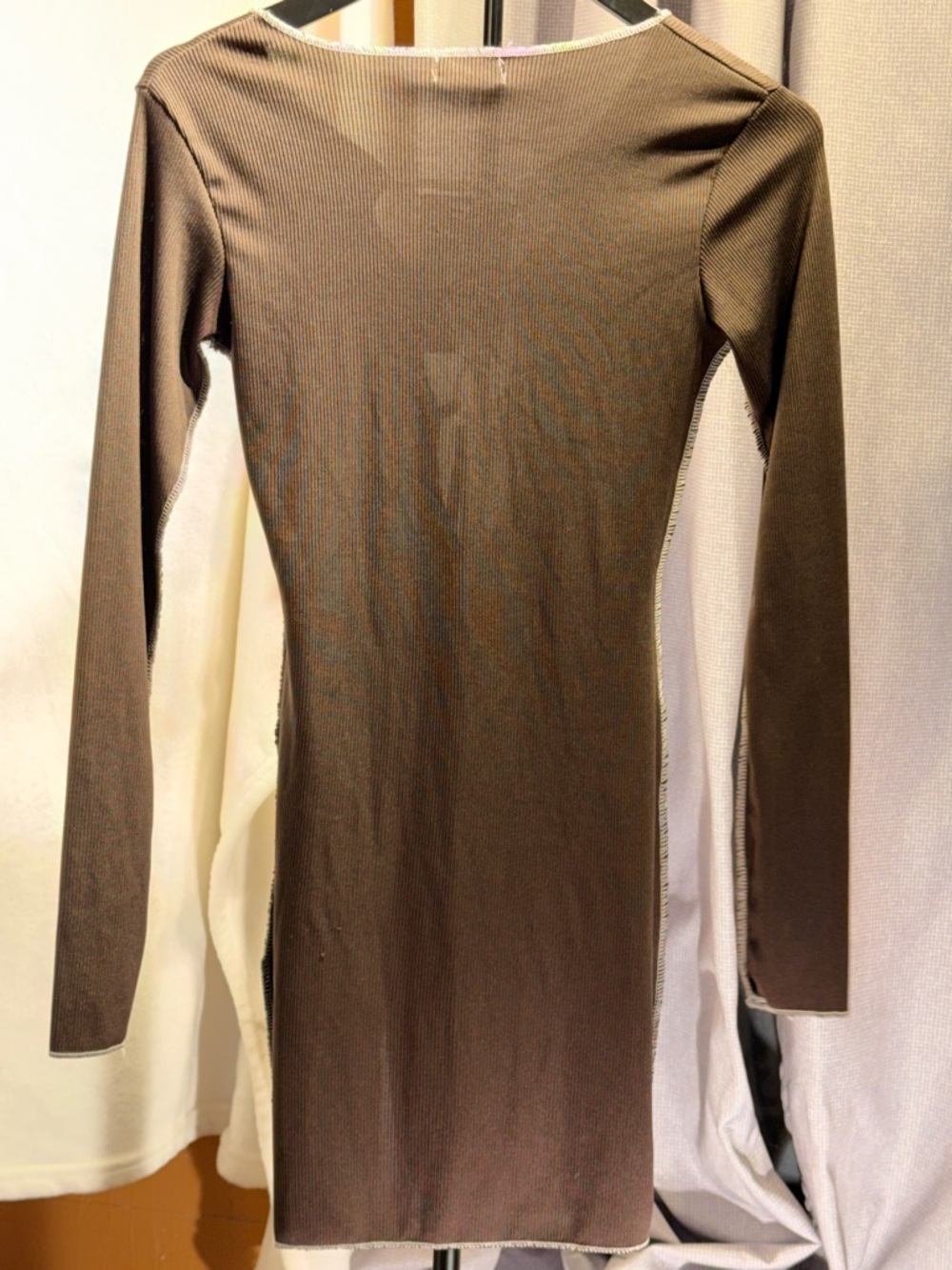 Brown Long Sleeve Lace-Up Ribbed Mini Dress with Contrast Stitching Bodycon Sz S - Picture 11 of 11